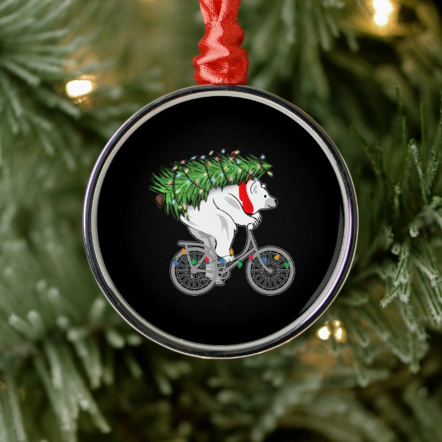 Cute Bear Carrying Christmas Tree Gift For Cyclist Metal Ornament (Tree)