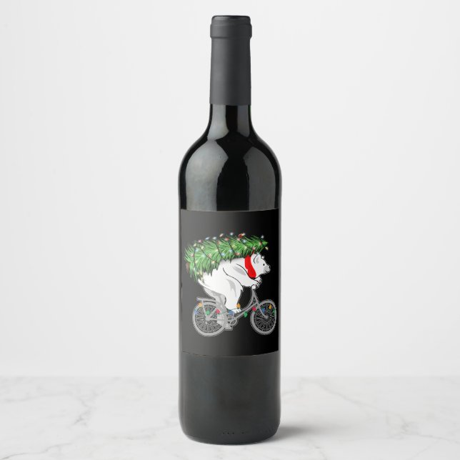 Cute Bear Carrying Christmas Tree Gift For Cyclist Wine Label (Front)