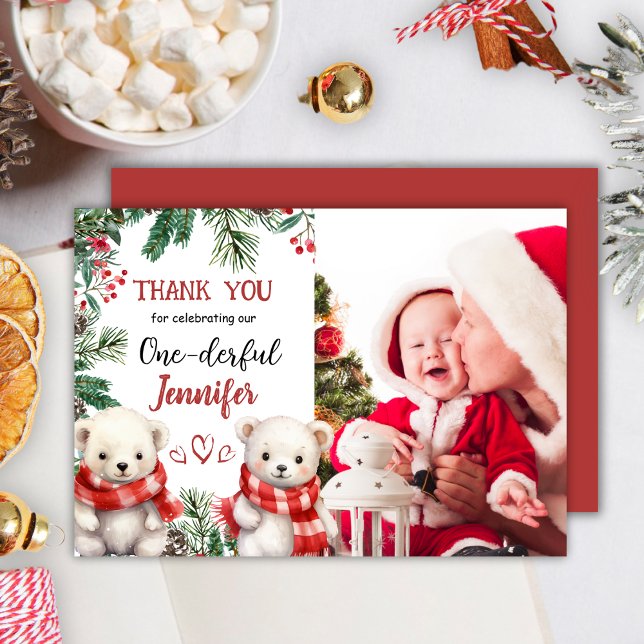 Cute Bear Christmas 1° Birthday Thank You Card (Creator Uploaded)