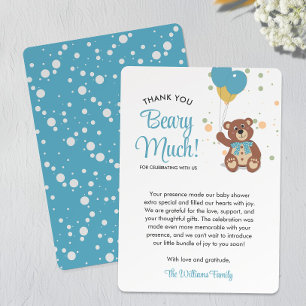 Cute Bear Cub and Blue Balloons Boy Baby Shower Thank You Card