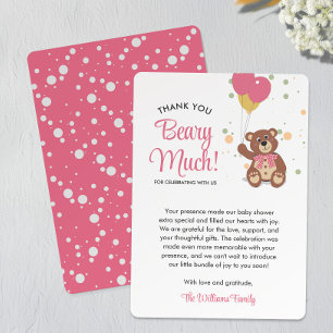 Cute Bear Cub and Pink Balloons Girl Baby Shower Thank You Card