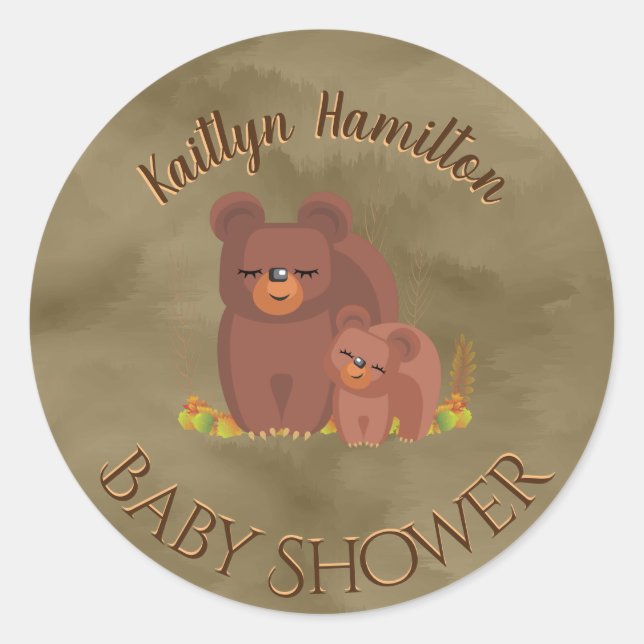 Cute Bear Cub Boy Mother Baby Shower Woodland Classic Round Sticker (Front)