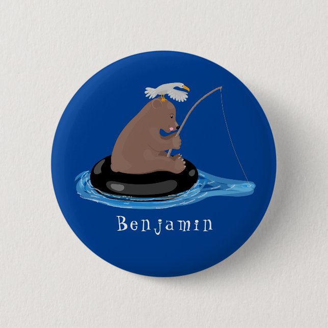 Cute bear cub fishing cartoon illustration 2 inch round button (Front)