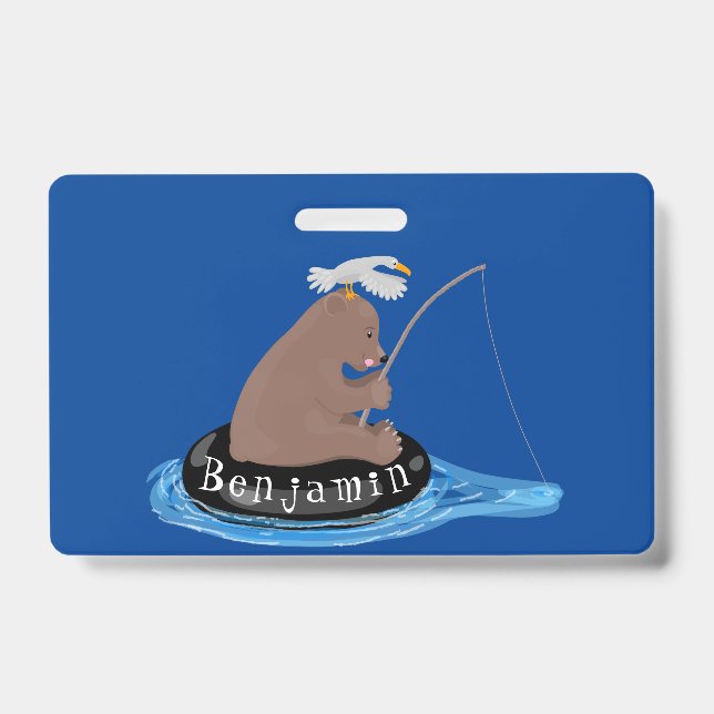 Cute bear cub fishing cartoon illustration badge (Front)