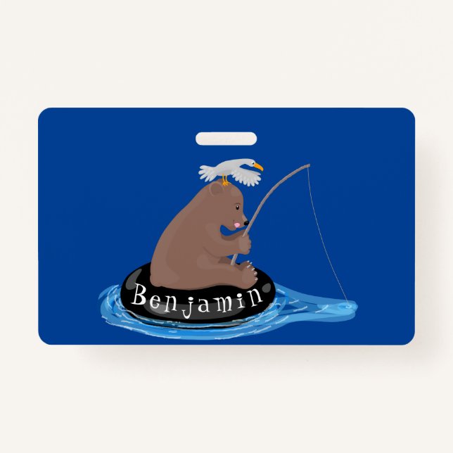 Cute bear cub fishing cartoon illustration badge (Front)