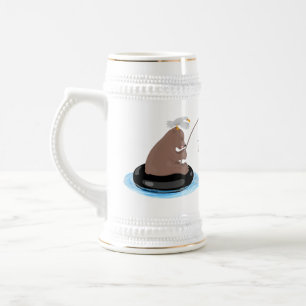 Cute bear cub fishing cartoon illustration beer stein