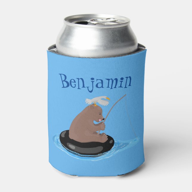 Cute bear cub fishing cartoon illustration can cooler (Can Front)