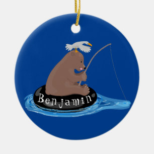 Cute bear cub fishing cartoon illustration ceramic ornament