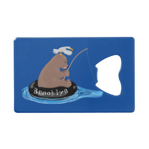 Cute bear cub fishing cartoon illustration credit card bottle opener