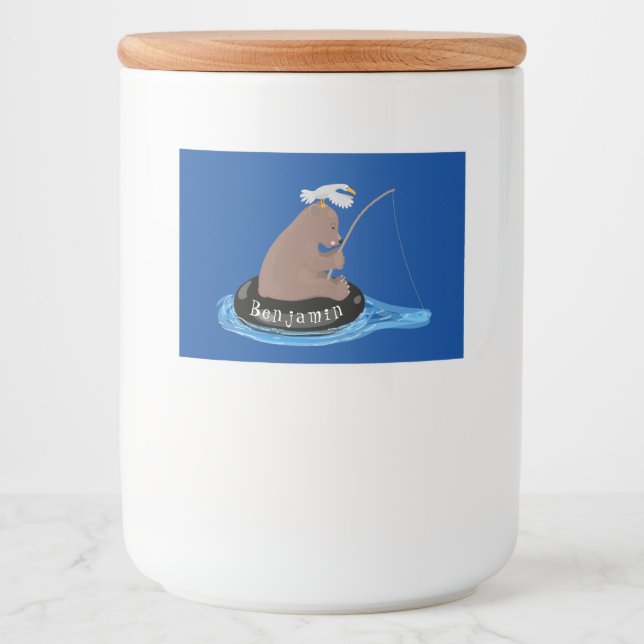 Cute bear cub fishing cartoon illustration food label (Front)