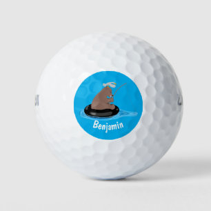 Cute bear cub fishing cartoon illustration golf balls
