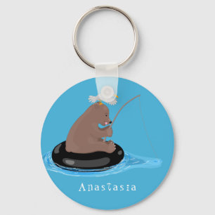 Cute bear cub fishing cartoon illustration keychain