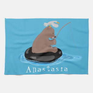 Cute bear cub fishing cartoon illustration kitchen towel