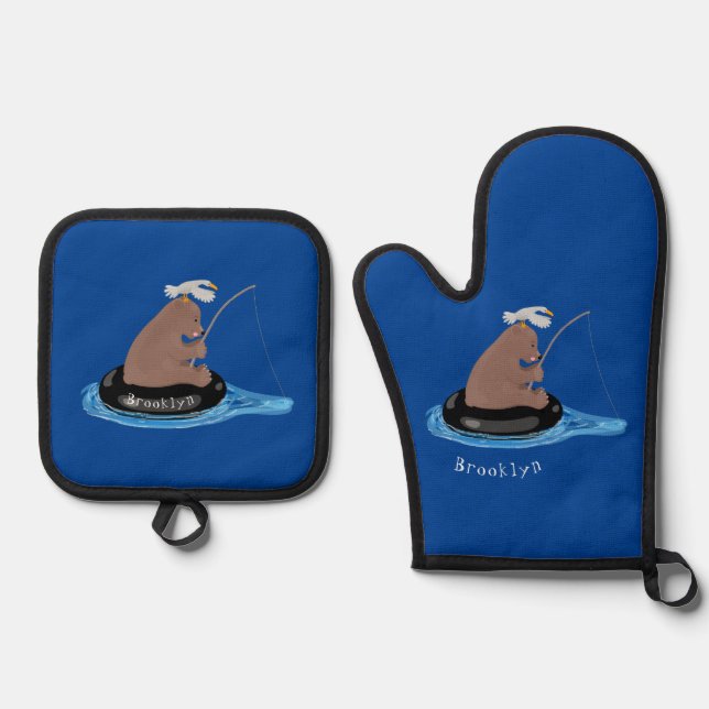 Cute bear cub fishing cartoon illustration  oven mitt & pot holder set (Front)