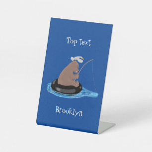 Cute bear cub fishing cartoon illustration pedestal sign