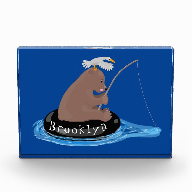 Cute bear cub fishing cartoon illustration photo block (Front)