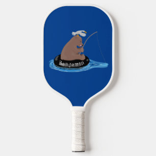 Cute bear cub fishing cartoon illustration pickleball paddle