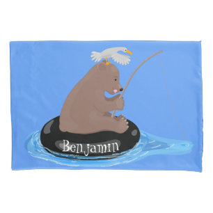 Cute bear cub fishing cartoon illustration pillowcase