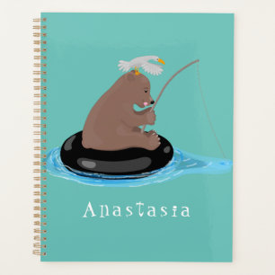 Cute bear cub fishing cartoon illustration planner