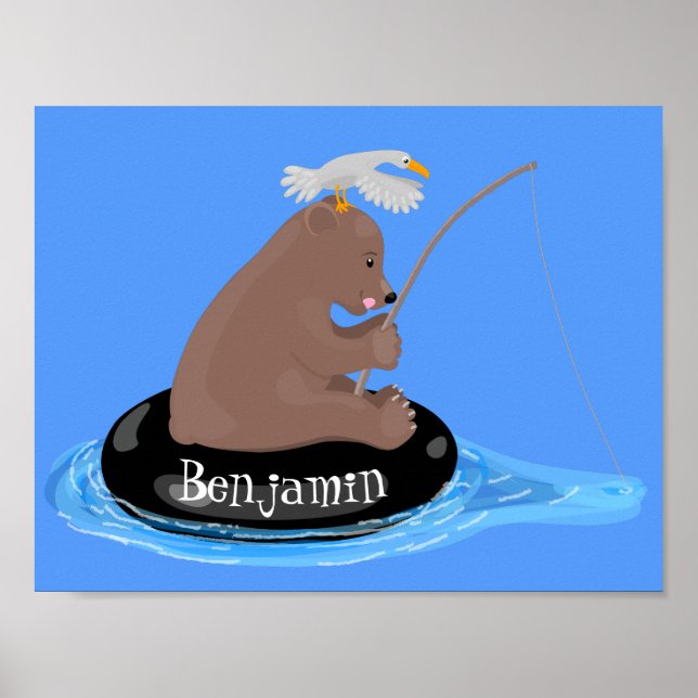 Cute bear cub fishing cartoon illustration poster (Front)