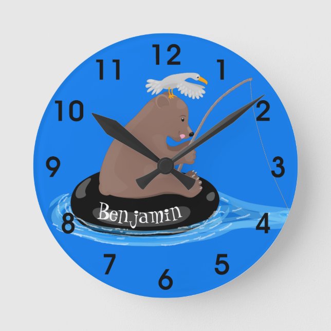Cute bear cub fishing cartoon illustration round clock (Front)
