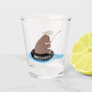 Cute bear cub fishing cartoon illustration shot glass