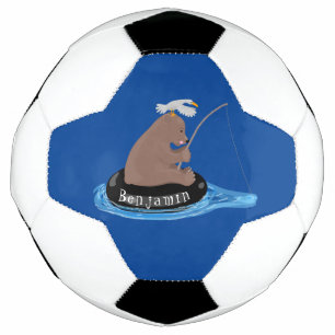 Cute bear cub fishing cartoon illustration soccer ball