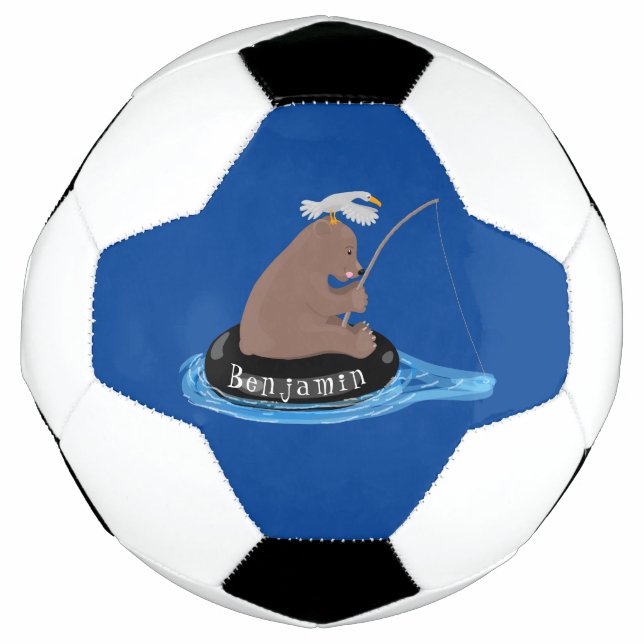 Cute bear cub fishing cartoon illustration soccer ball (Front)