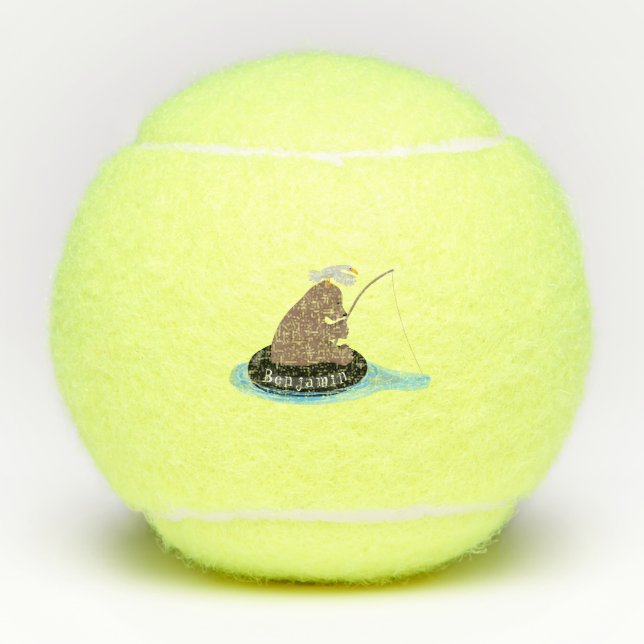 Cute bear cub fishing cartoon illustration tennis balls (Front)