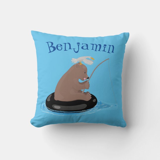 Cute bear cub fishing cartoon illustration throw pillow (Front)