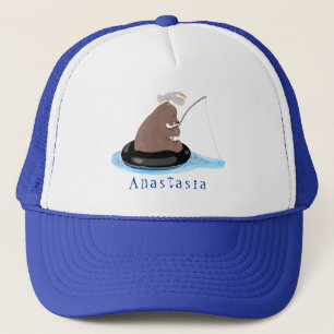 Cute bear cub fishing cartoon illustration trucker hat