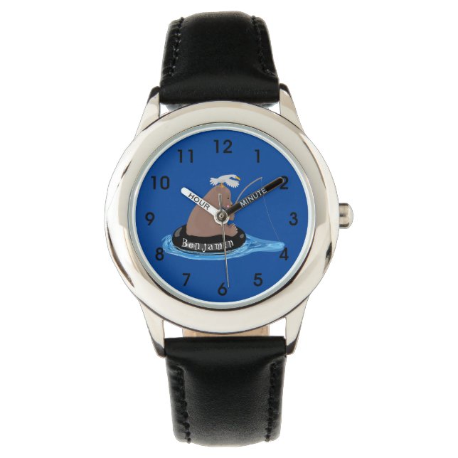 Cute bear cub fishing cartoon illustration watch (Front)