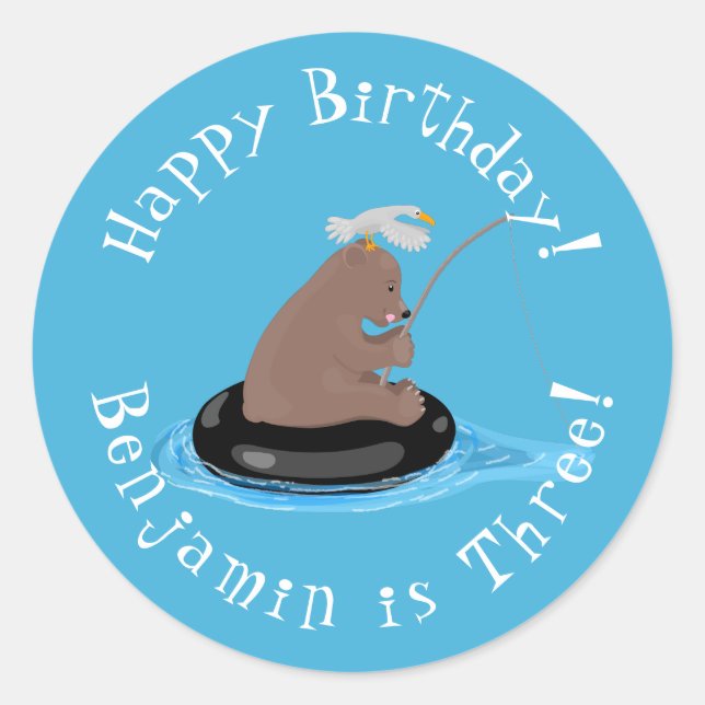 Cute bear cub fishing personalised birthday classic round sticker (Front)