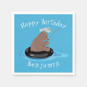 Cute bear cub fishing personalised birthday napkin