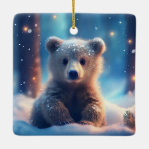 Cute Bear Cub In Snow Covered Forest Ceramic Ornament