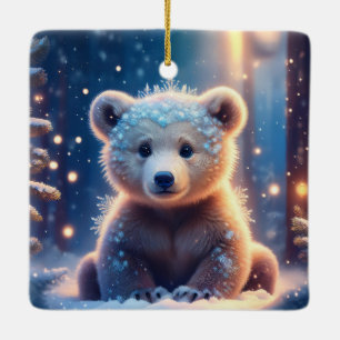 Cute Bear Cub In Snow Covered Forest Ceramic Ornament