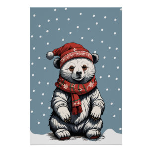 Cute Bear cub with Beanie and Scarf in Snow Fall Poster