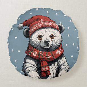 Cute Bear cub with Beanie and Scarf in Snow Fall Round Pillow