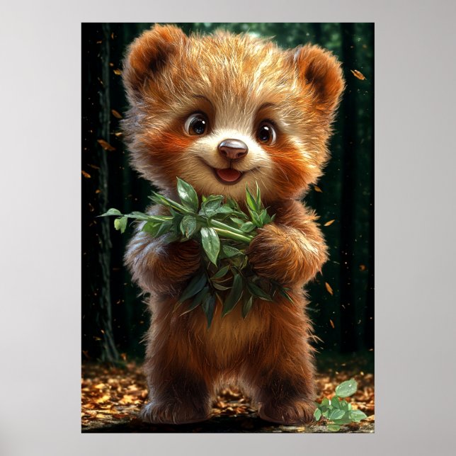 Cute Bear Cub with Greenery Poster (Front)