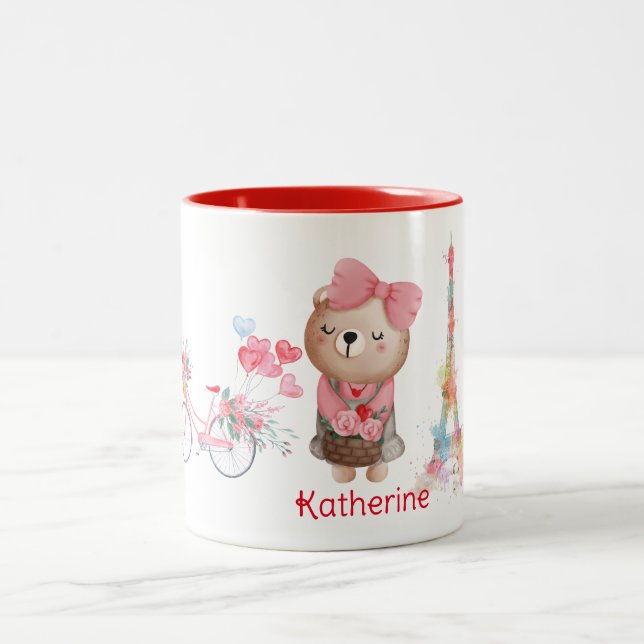 Cute Bear Cycle Eiffel Tower Personalized Name Two-Tone Coffee Mug (Center)