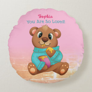 Cute Bear Eating Honey, Child's Name & Message Round Pillow