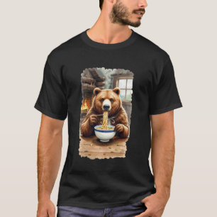 Cute Bear Eating Ramen in Cabin Funny Animal Noodl T-Shirt