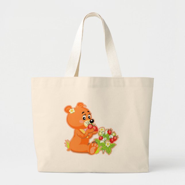 cute bear eating strawberries large tote bag (Front)