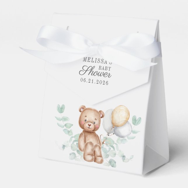 Cute Bear Eucalyptus Script Balloons Baby Shower Favor Box (Front Side)