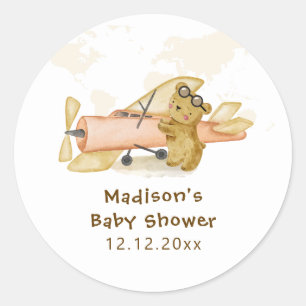 Cute Bear Explorer World Map Airplane Baby Shower Classic Round Sticker