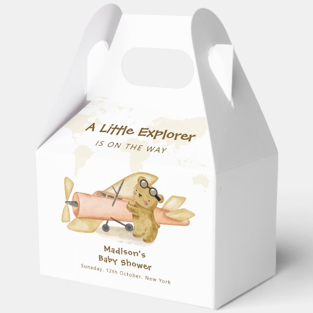 Cute Bear Explorer World Map Airplane Baby Shower  Favor Box (Front)