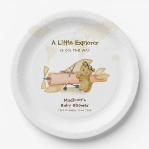 Cute Bear Explorer World Map Airplane Baby Shower Paper Plate