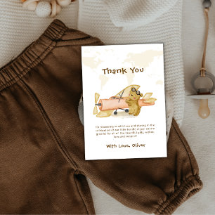 Cute Bear Explorer World Map Airplane Baby Shower  Thank You Card