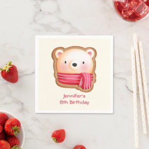 Cute Bear Face in a Red Scarf Birthday Napkin