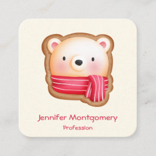 Cute Bear Face in a Red Scarf Christmas Cookie Square Business Card